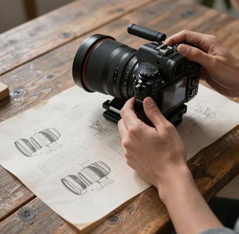 Hands adjusting a professional camera rig over a rustic wooden table, storyboards on textured parchment paper, soft directional Scandinavian daylight, deep natural shadows.