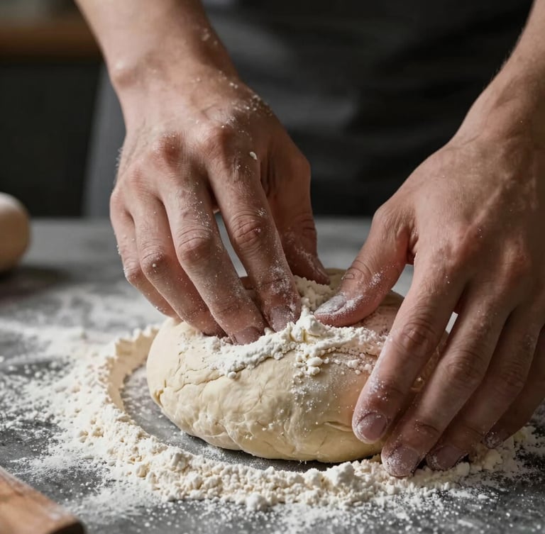 Tight macro shot of hands dusting flour over freshly proofed bread dough, soft natural side lighting, dark moody shadows, Scandinavian kitchen setting