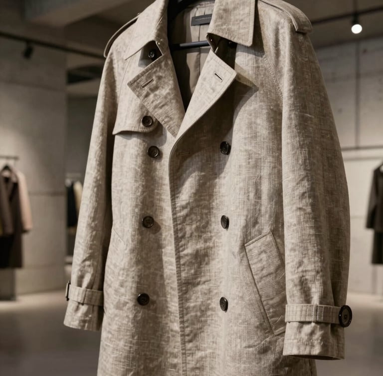 Close-up portrait of a structured linen trench coat hanging in a modern concrete showroom, sharp focus on clean stitching and premium fabric texture, industrial warm lighting, editorial framing.