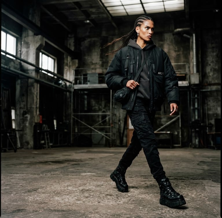 Dynamic low-angle editorial shot of a fashion model in modern streetwear, high-contrast studio lighting with dramatic industrial shadows, concrete background, sharp focus, 35mm lens