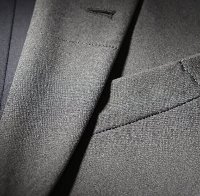 Macro detail shot of premium fabric texture and precise stitching on a tailored garment, dramatic industrial lighting, concrete tones, sharp focus, 35mm lens