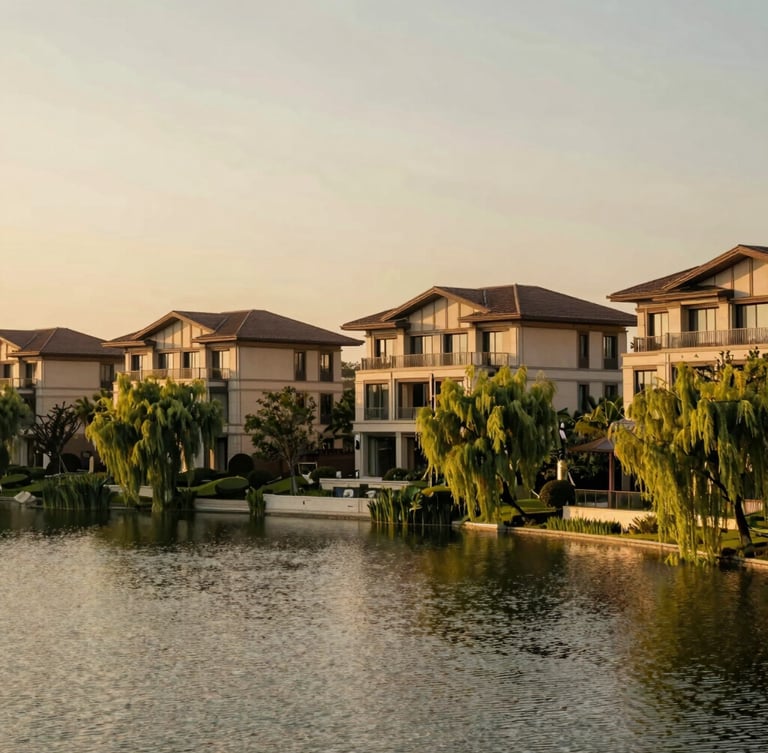 Warm editorial photography of a serene private lake inside a luxury gated community, surrounded by weeping willows and modern architecture, golden hour light