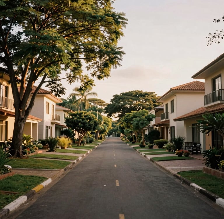 Warm editorial photograph of a quiet, tree-lined street inside an exclusive gated community in Valinhos, warm morning light, architectural scale, 35mm lens