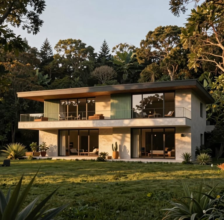 Warm editorial photograph of a modern luxury house integrated with nature, golden-hour natural light, rich sage and forest tones, architectural scale, 35mm lens