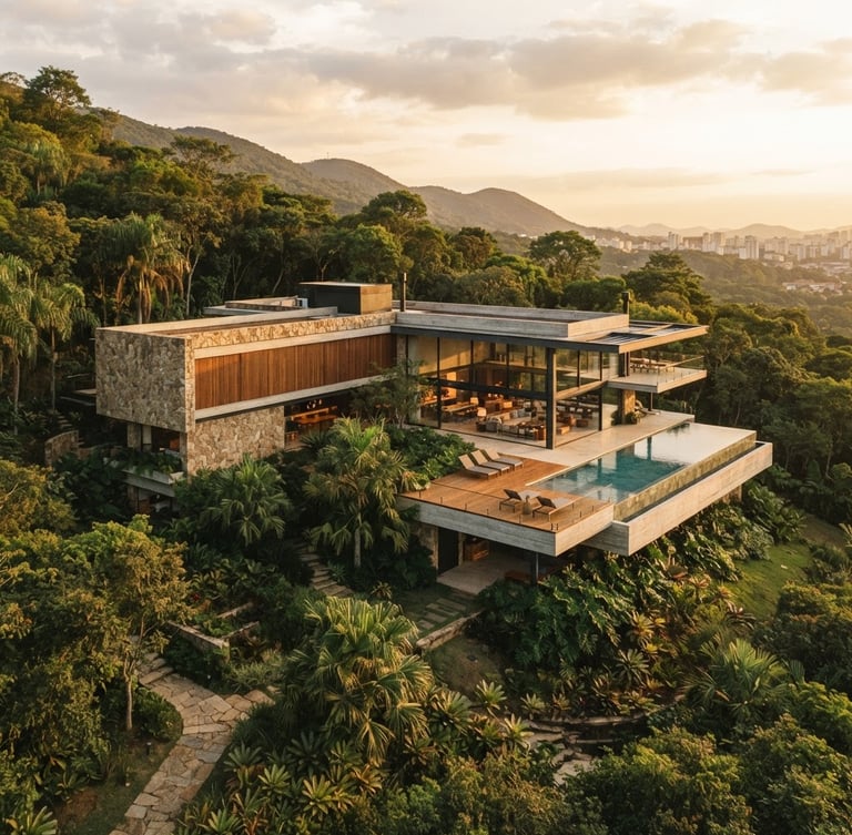 Warm editorial photography of a modern luxury house integrated into a lush green hillside in Jundiaí, golden-hour light, architectural scale, 35mm lens