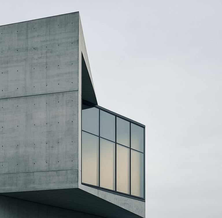 Minimalist modern Swiss concrete and glass architecture facade, sharp angles, soft overcast daylight, clean lines, generous negative space on the right