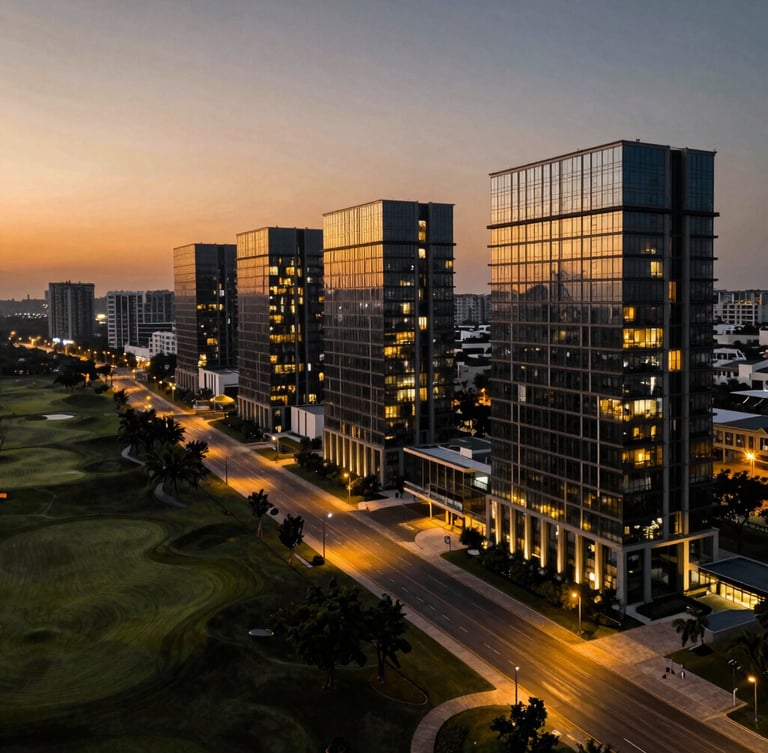 Wide panoramic aerial view of Golf Course Extension Road at dusk, high-contrast architectural lighting on luxury glass facades, deep black shadows and warm gold reflections from streetlights, sharp 35mm lens.