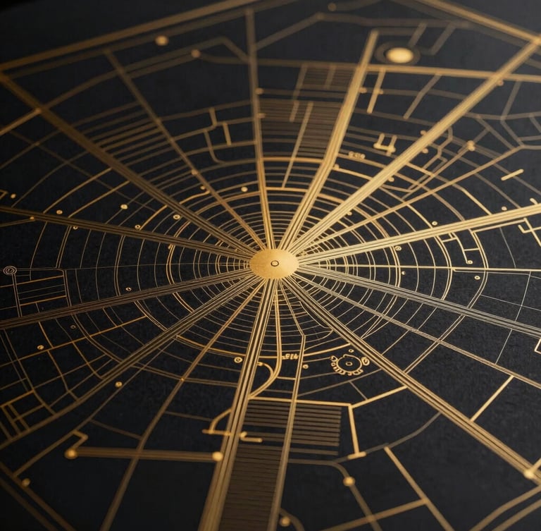 High-contrast architectural blueprint overlaying a clean minimalist map of Gurugram sectors, sharp focus on development corridors, subtle gold lines on deep charcoal paper.