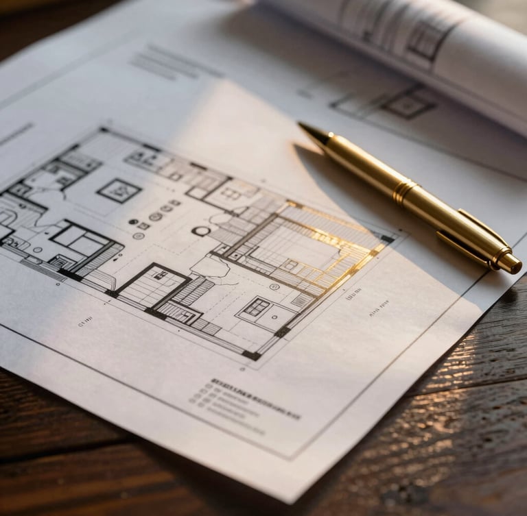 Tight macro shot of architectural blueprints and legal land documents on a dark wooden table, warm side lighting highlighting the paper texture and gold pen.