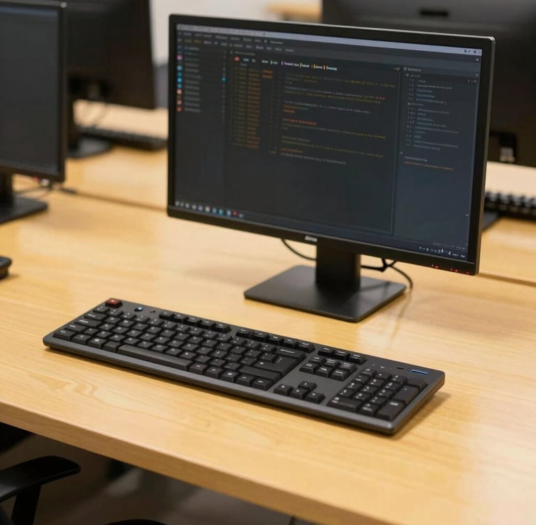 A clean commercial photograph of a modern developer workstation in Chennai, bright natural daylight, high-contrast warm tones with yellow accents, sharp focus