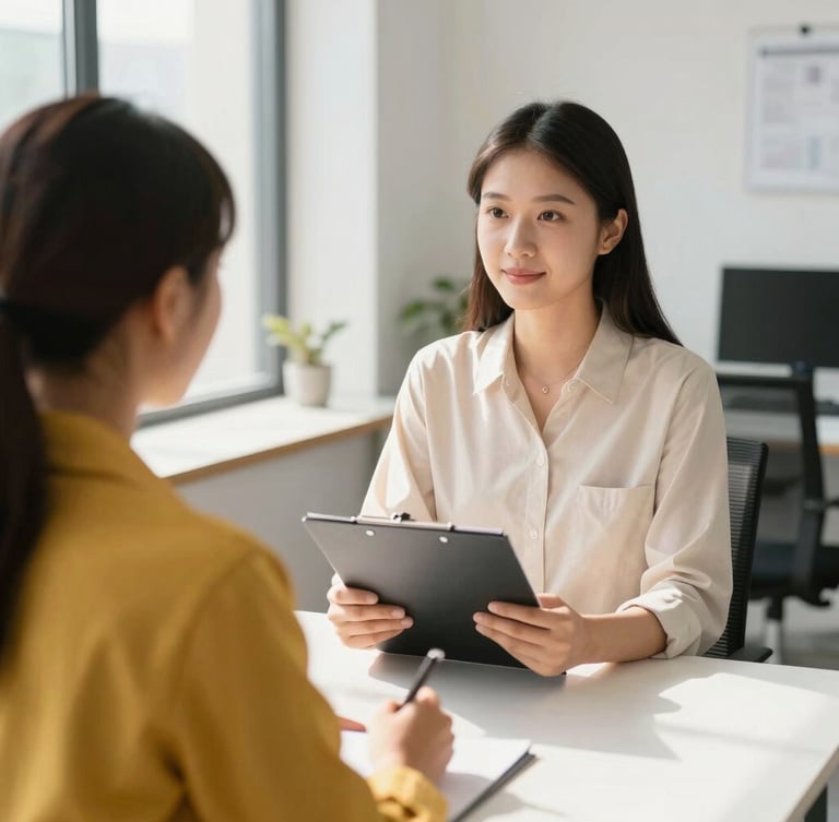 A professional recruiter conducting an interview in a bright, modern office with natural daylight, clipboard in hand, clean minimalist setting, sharp focus, 35mm lens