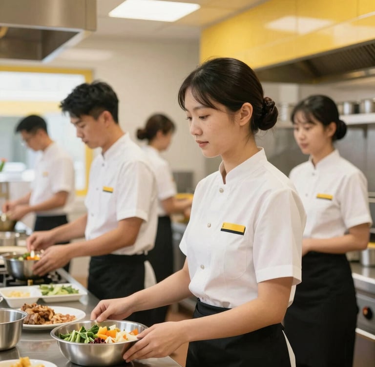 Bright daylight medium shot of active hospitality staff in clean uniforms working in a modern professional kitchen, warm yellow accents, sharp focus, 35mm lens