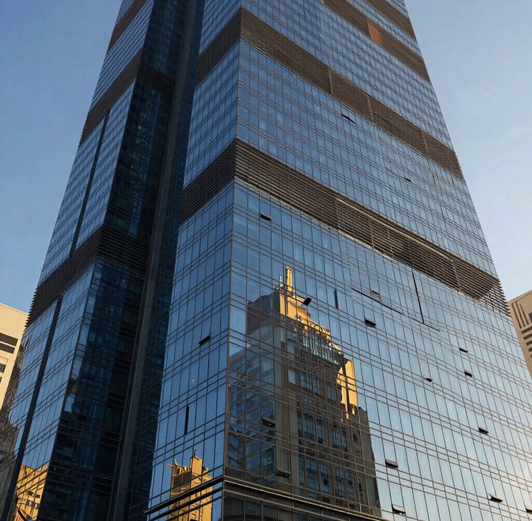 Low-angle architectural perspective of a modern glass skyscraper facade in Abu Dhabi, crisp morning light, deep blue and gold tones, 35mm.