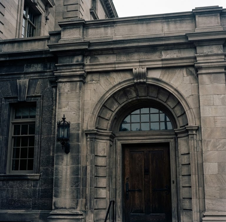 Close-up of a classic stone building facade with clean architectural lines under soft overcast daylight, elegant deep shadows, timeless editorial style