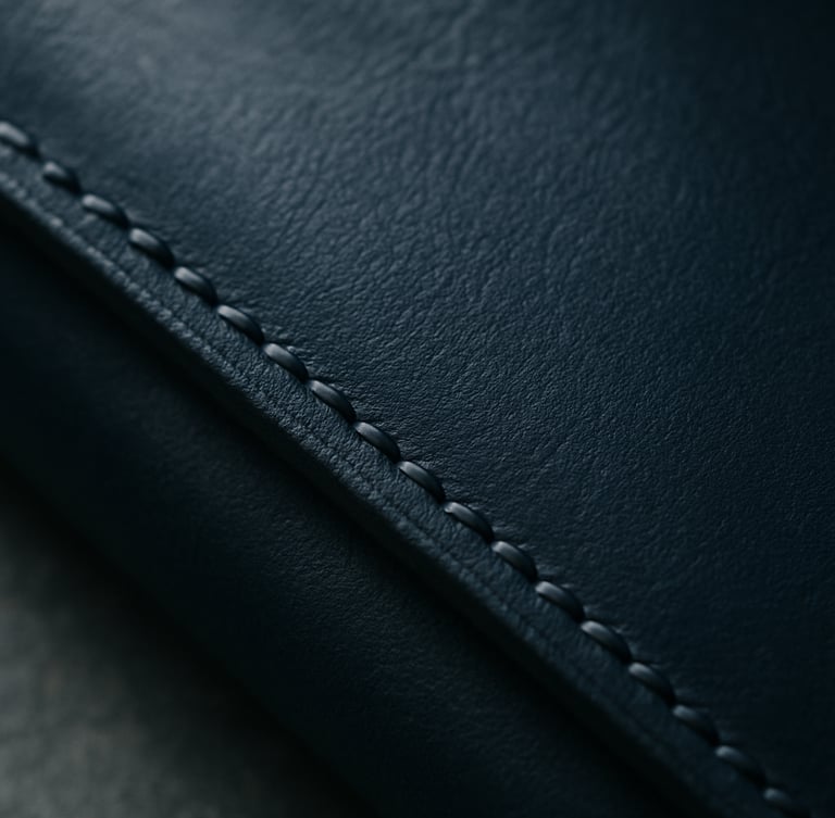 Extreme close-up of dark hand-stitched leather notebook cover, soft natural overcast daylight, rich texture, deep navy tones, editorial photography.