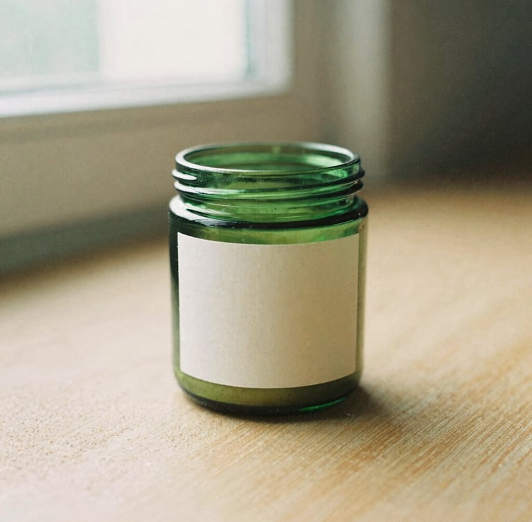A minimalist green glass jar with a clean cream label, resting on a warm sand-textured surface under soft window light, shallow depth of field, 35mm film aesthetic.