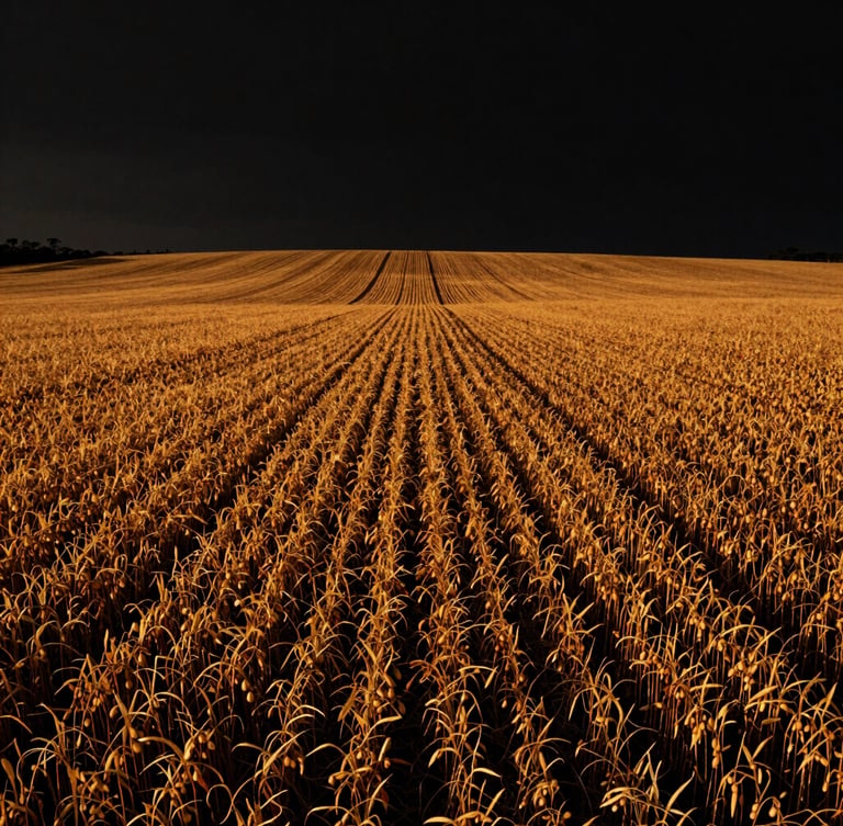 Wide environmental shot of expansive Bahian soybean fields at golden hour, high-contrast, dramatic natural sunlight, 35mm