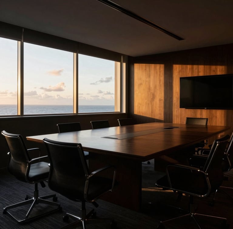 Wide environmental shot of a modern corporate boardroom in Salvador, dramatic golden hour sunlight streaming through large windows, high-contrast editorial photography, 35mm