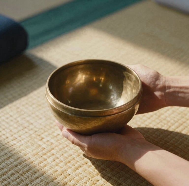 Close-up of hands holding a warm brass singing bowl on a woven grass mat, soft golden-hour sunlight casting deep natural shadows, earthy terracotta tones, 35mm film texture