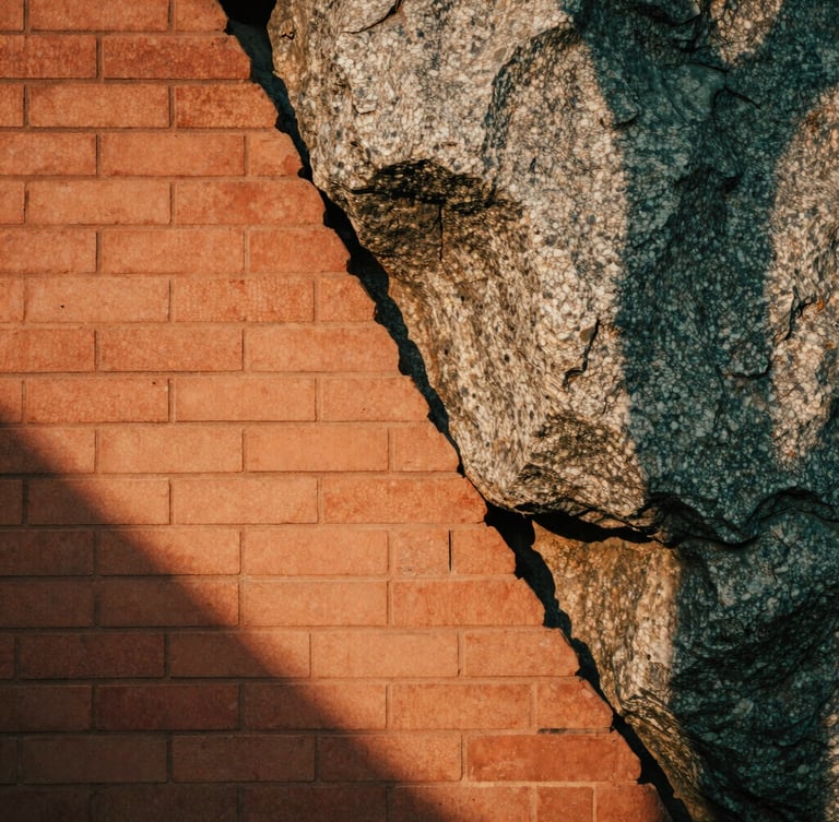 Close-up of earthen brickwork meeting a massive natural granite boulder, soft shadows, warm terracotta and dusty gray tones, golden hour light.