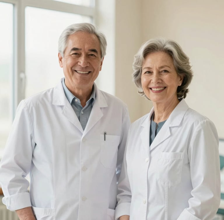 Professional portrait of two senior dentists, a man and a woman in clean modern clinical coats, smiling warmly and confidently, soft natural window light, beige background, medium shot