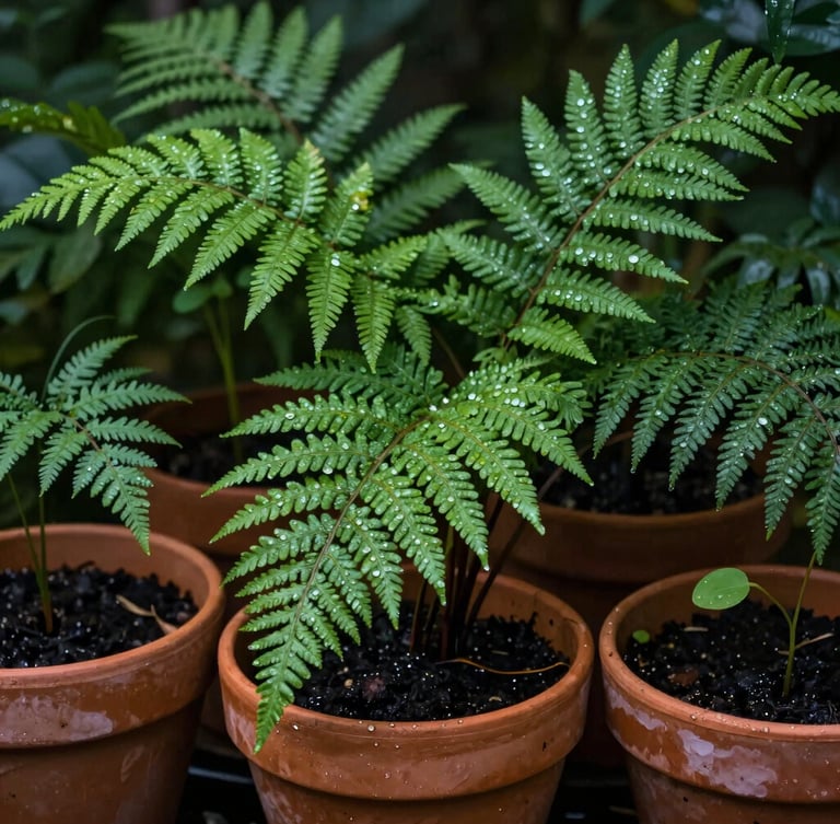 Close-up of vibrant green fern leaves and native seedlings growing in rustic terracotta pots, glistening with fresh morning dew, soft forest light