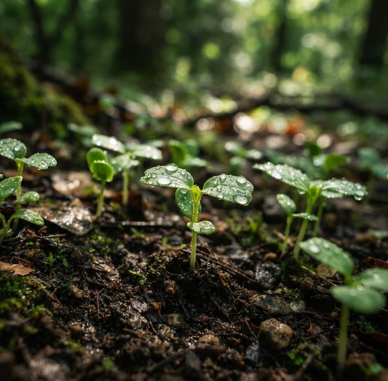 Macro shot of vibrant green seedlings in rich dark soil, water droplets on leaves, soft dappled forest sunlight filtering through leaves, shallow depth of field