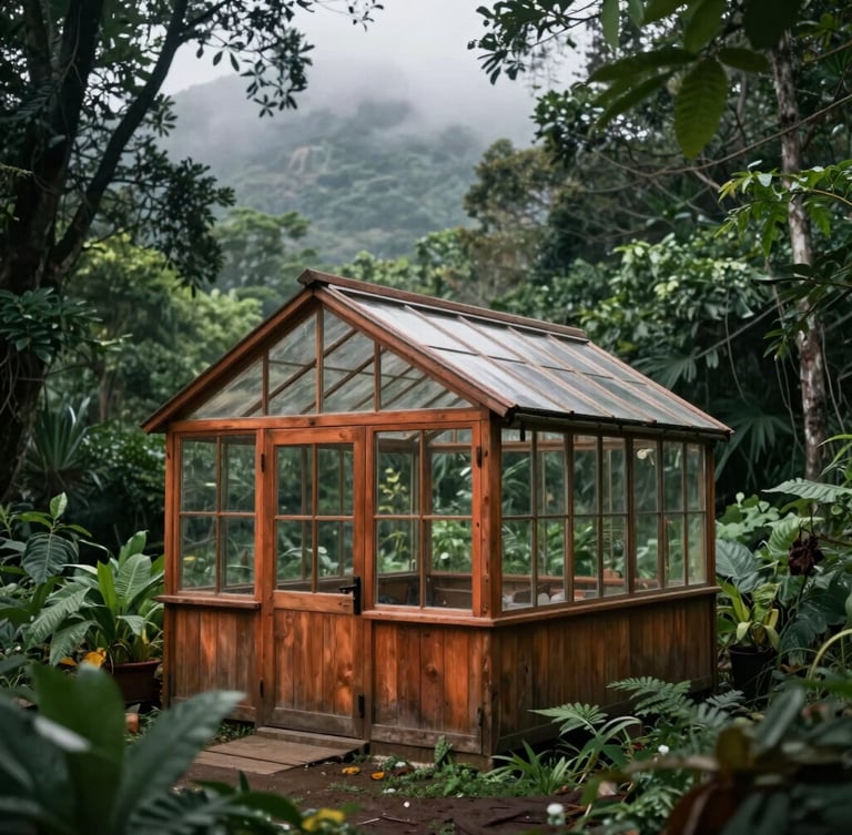 A rustic wooden greenhouse nestled in a dense green forest, soft overcast daylight, misty mountain background, moody botanical photography