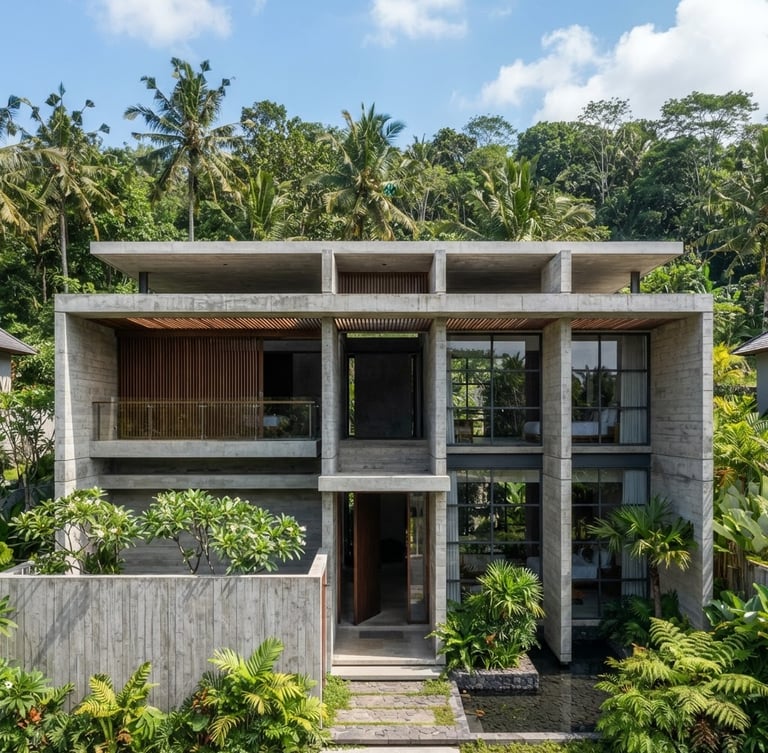 Wide-angle architectural elevation of a modern concrete building structure in Bali under bright daylight, highlighting clean lines and structural integrity