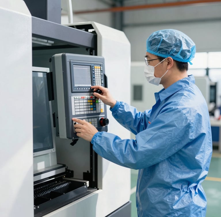 A medium-wide environmental shot of a focused manufacturing technician in clean blue PPE adjusting a CNC machine control panel, bright natural daylight, sharp focus, 35mm lens
