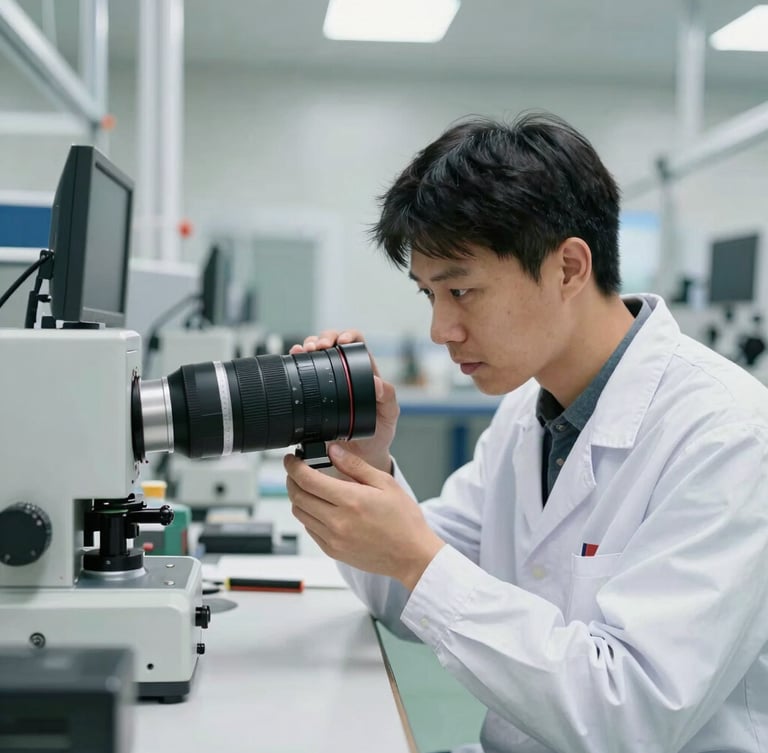 A focused quality control technician inspecting components under bright, natural daylight in a clean industrial facility, 35mm lens, sharp focus.