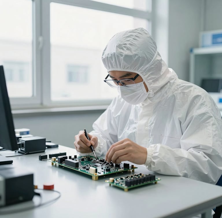 Medium-wide environmental shot of a focused electronics technician in clean room PPE assembling a circuit board under bright natural window light, sharp focus, 35mm lens.