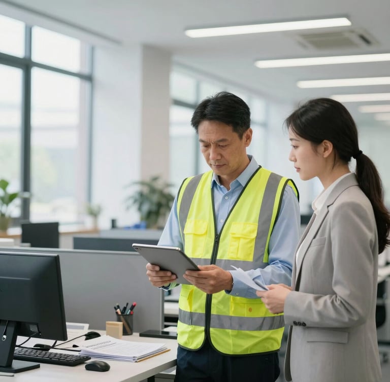 A sharp medium-wide shot of a clean, modern manufacturing office where a supervisor in a safety vest reviews compliance documents on a tablet with an HR specialist, bright daylight.