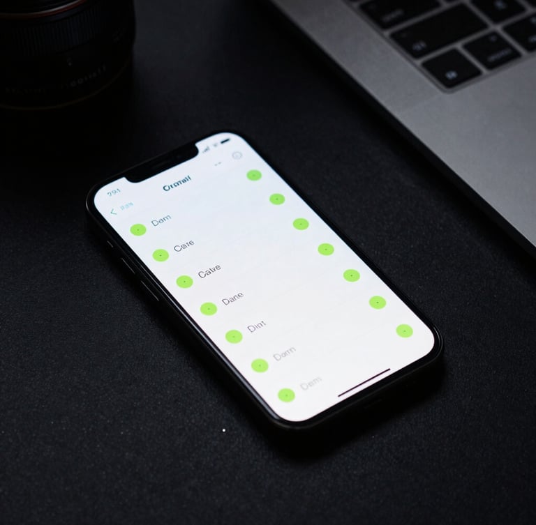 A close-up of a high-end dark desk setup, a clean smartphone interface displaying automated call logs with lime green status dots, cool moody tones, 35mm lens