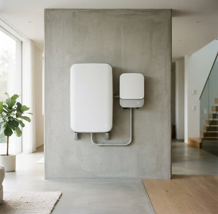 Clean product photography of the INDRA solar system mounted on a minimalist polished concrete wall, bright natural daylight, soft morning shadows, high-end consumer tech aesthetic, 35mm