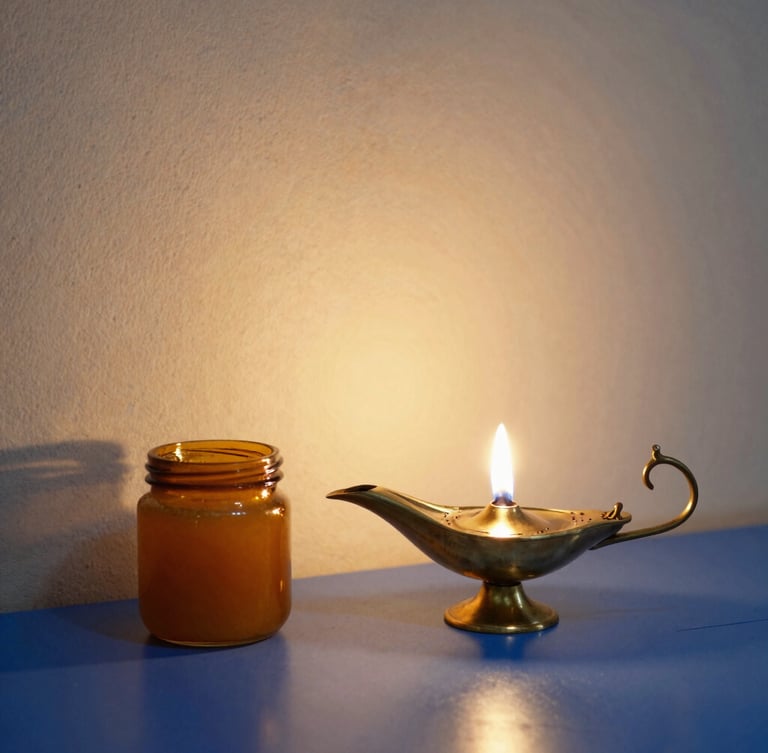 A serene brass oil lamp glowing softly next to an amber glass jar of ghee, warm shadows on a textured cream wall, 35mm