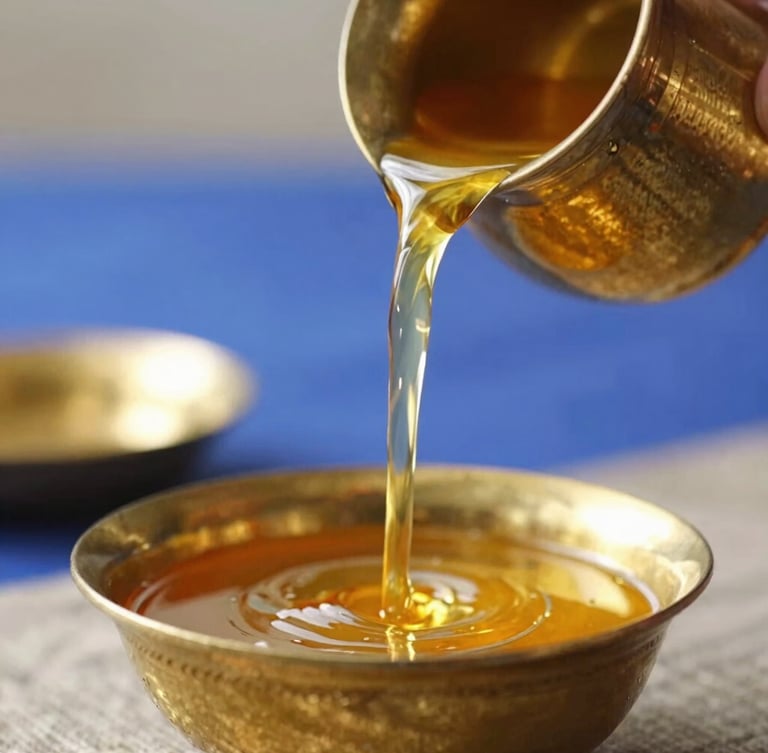 Close-up of traditional Indian brassware, golden ghee being poured slowly from a small brass vessel, warm morning light, shallow depth of field