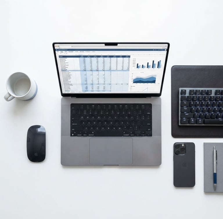 Overhead flat-lay of a modern tech workspace, high-key studio light, a crisp digital spreadsheet mockup displayed on a laptop screen, clean corporate blue and slate tones