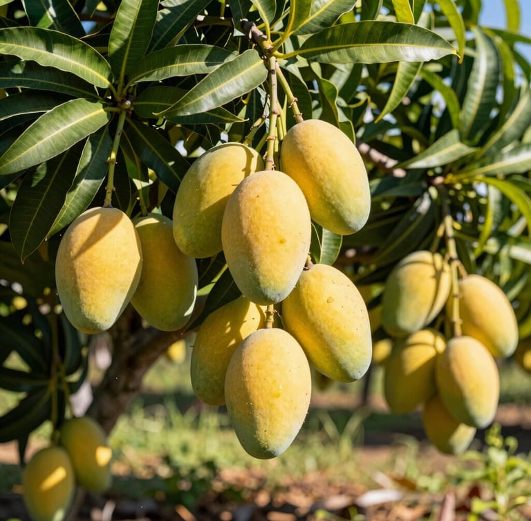 A bright sunlit portrait of a Homestead mango orchard, heavy golden fruit hanging from lush green branches under sharp midday Florida sun.