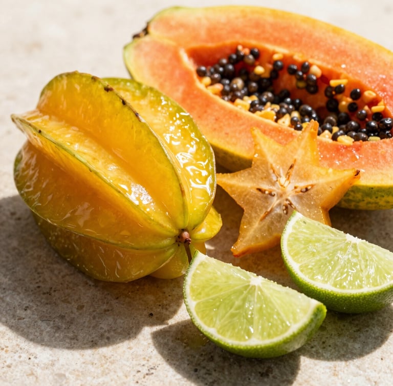 Macro close-up of a vibrant tropical fruit platter featuring sliced starfruit, papaya, and lime wedges glistening with moisture on a neutral stone background, bright sunlight, sharp shadows