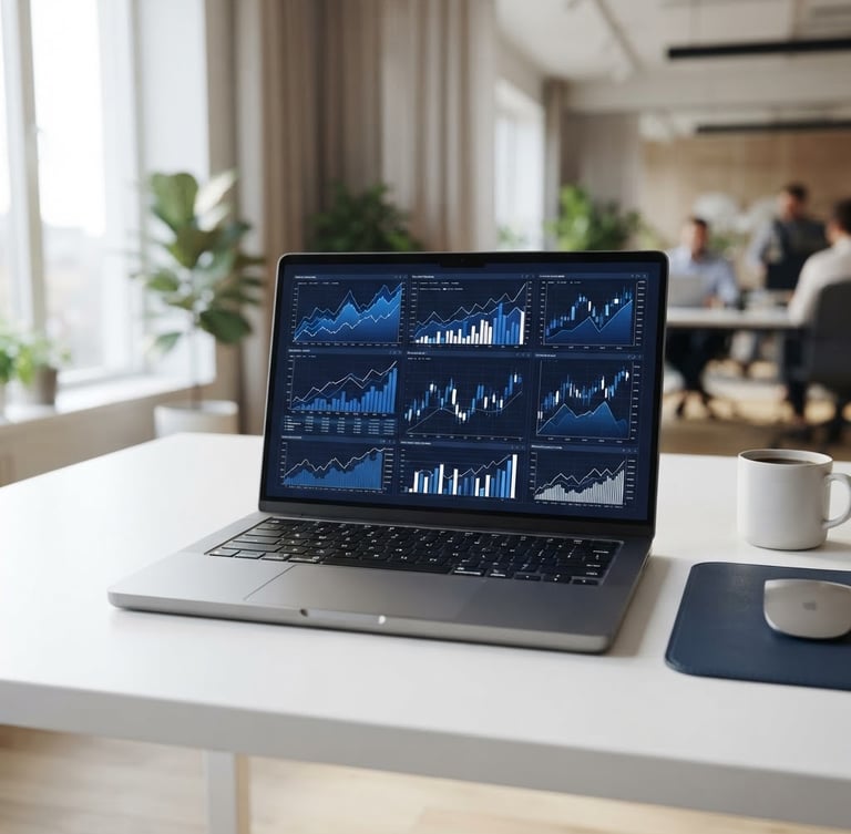 Sleek laptop on a minimalist white office desk showing clean financial charts, bright natural daylight, deep navy tones, professional 35mm lens