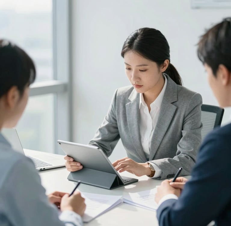 A professional consultant reviewing documents on a digital tablet with a client in a modern, clean office space. Bright, natural, cool-toned daylight, soft shadows, 35mm.