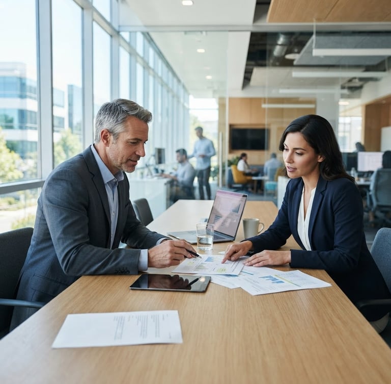 Crisp editorial photo of a modern, well-lit consulting office interior in Silicon Valley, with a professional consultant engaging with a client over documents, cool blue and silver tones, natural daylight, 35mm, focus on collaboration, client on the right side of the frame.