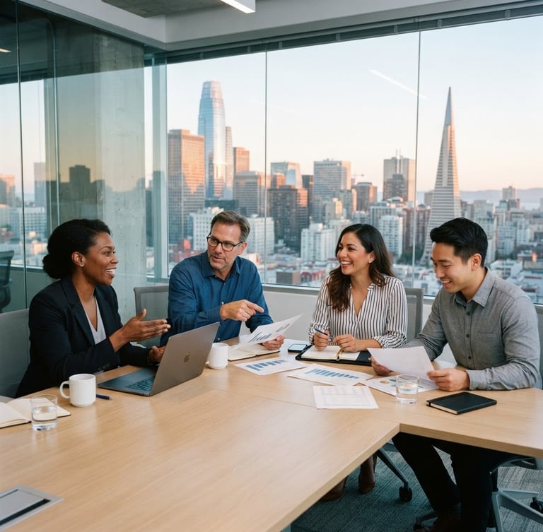 Modern California skyline at golden hour, with a diverse group of professionals in a consulting session, a family laughing in a sunlit home, and a small business owner reviewing documents. Focus on bright, natural, cool-toned daylight with soft shadows, 35mm.