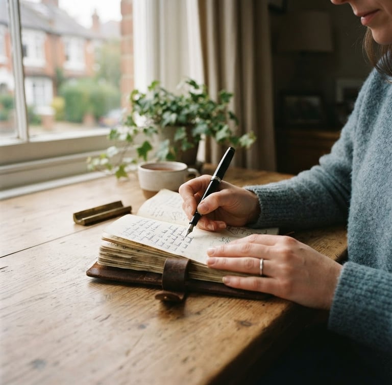 A close-up of hands writing in a leather notebook on a warm oak table, soft natural daylight from a nearby window, authentic UK home setting.
