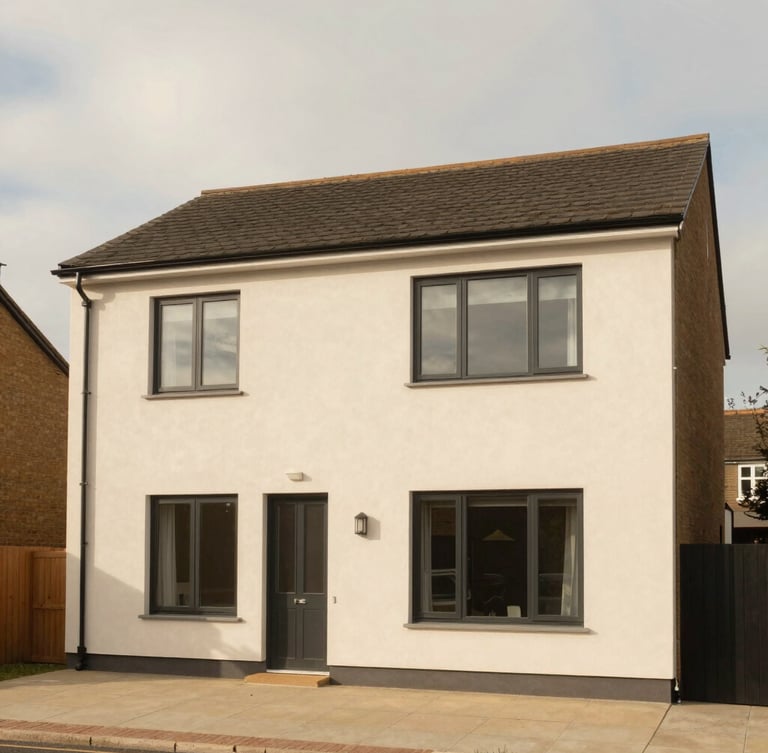 A wide shot of a modern British home exterior with clean architectural lines, soft overcast daylight, realistic UK setting, warm editorial photography