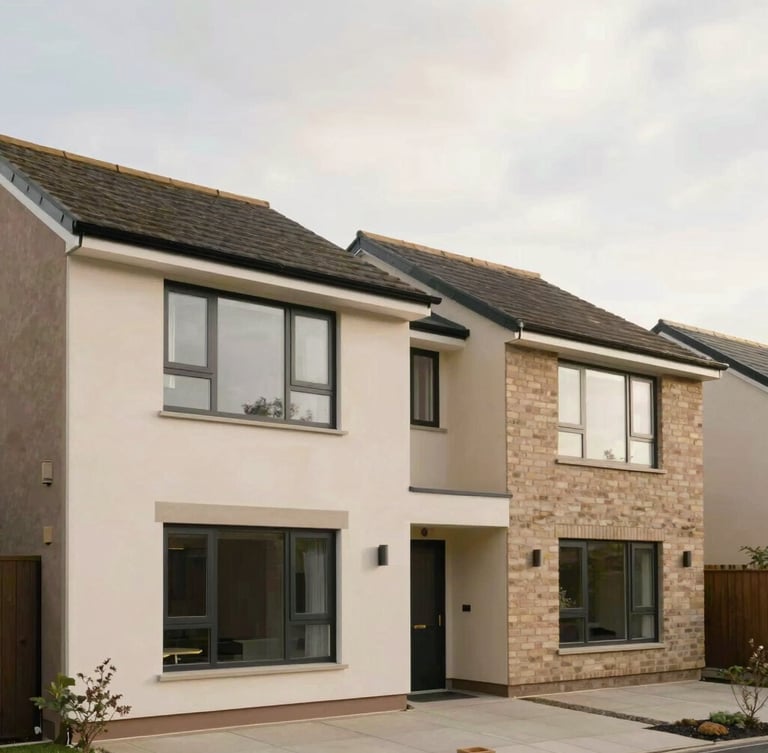 A wide environmental shot of a modern British home exterior, soft overcast daylight, clean architectural lines, muted earthy tones.