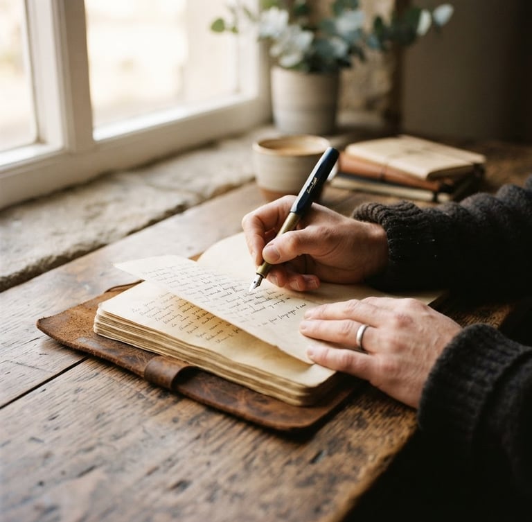 A close-up of hands writing in a leather notebook on a rustic oak table, warm natural window light casting soft shadows, 35mm lens editorial style