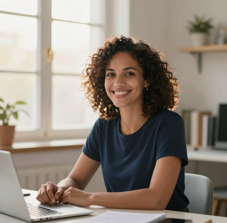Portrait of a diverse working mother smiling candidly in a bright home office, soft golden-hour window light, blush and navy tones, planner on desk, shallow depth of field.