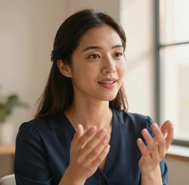 Intimate, eye-level medium close-up of a diverse woman (the founder) gently explaining something during a virtual consultation, a warm, reassuring expression, soft golden-hour window light, blush and navy tones, shallow depth of field.